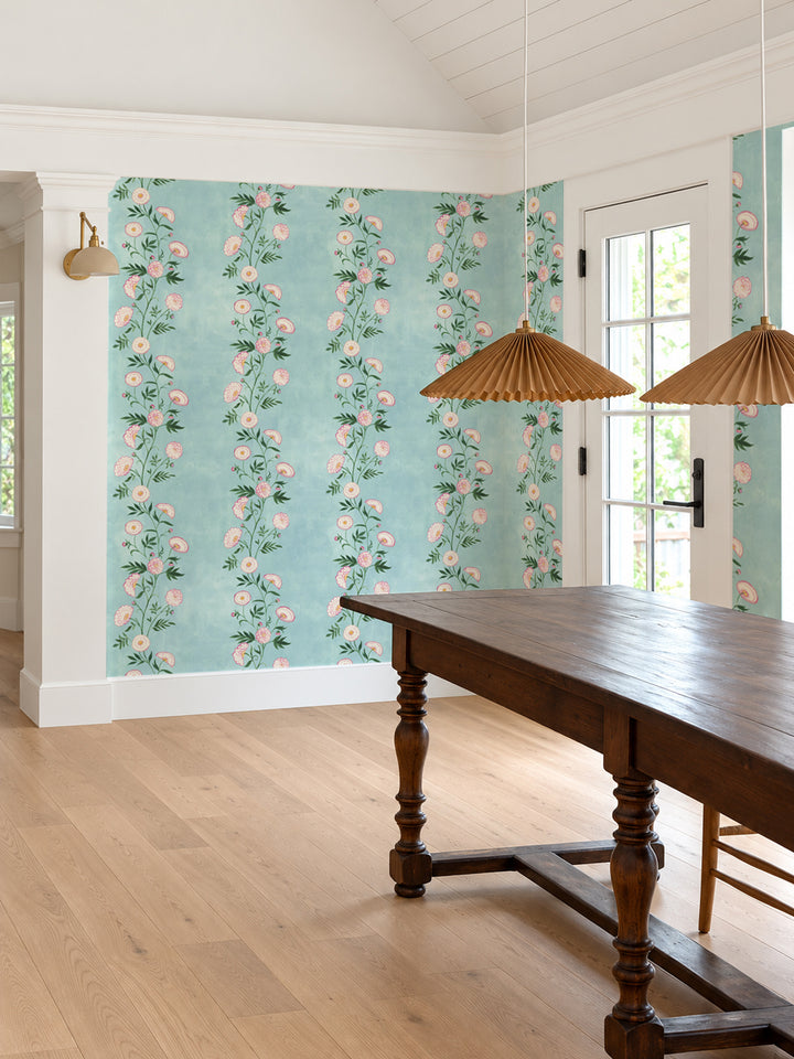 Blue floral stripe wallpaper with pink flowers and green leaves, repeating pattern roll.