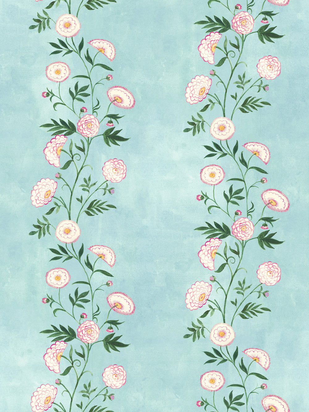 Floral stripe wallpaper with pink and peach blooms on light blue background