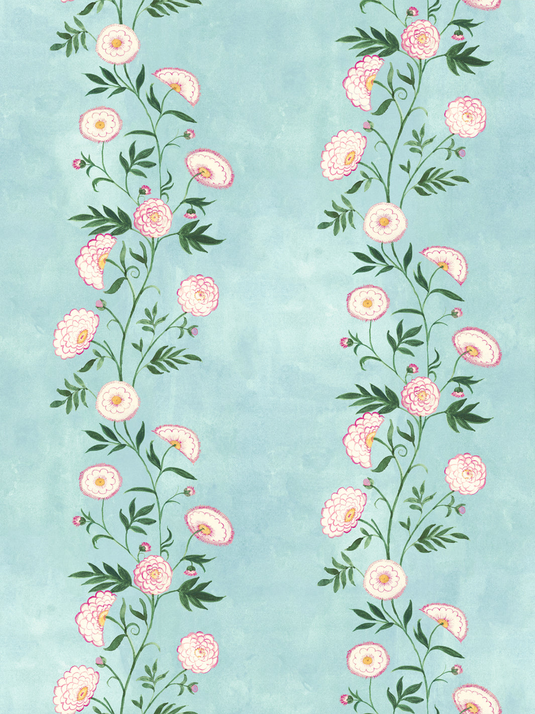Floral stripe wallpaper with pink and peach blooms on light blue background