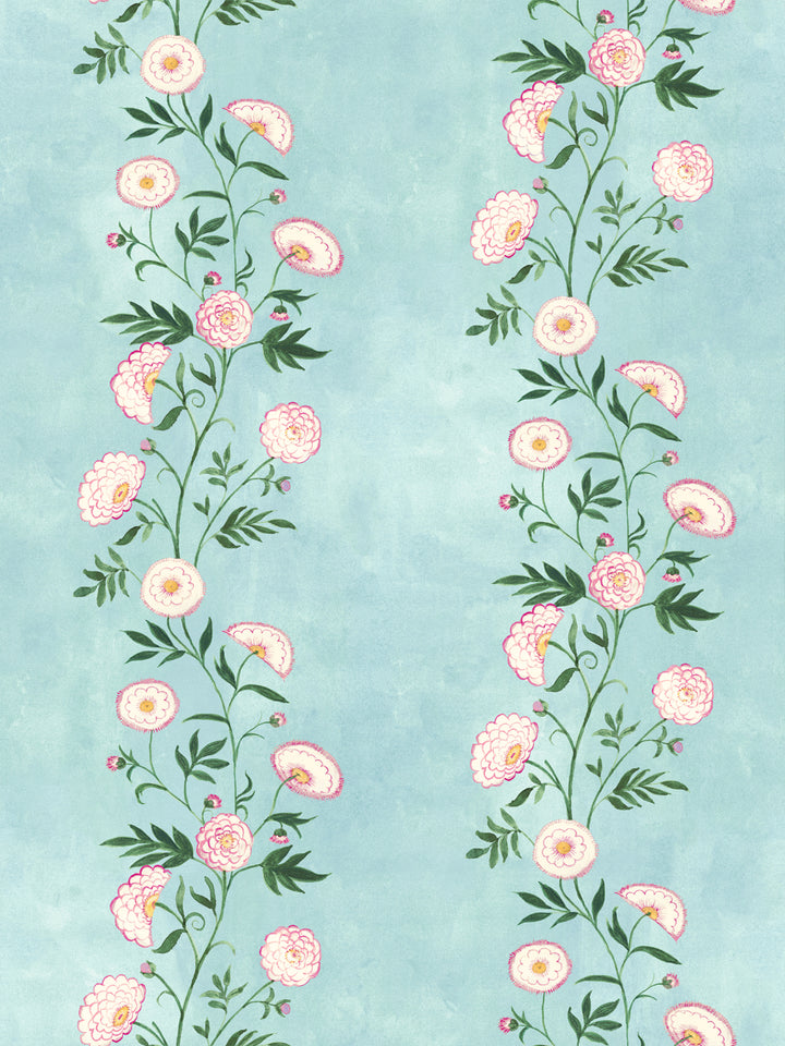 Floral stripe wallpaper with pink and peach blooms on light blue background