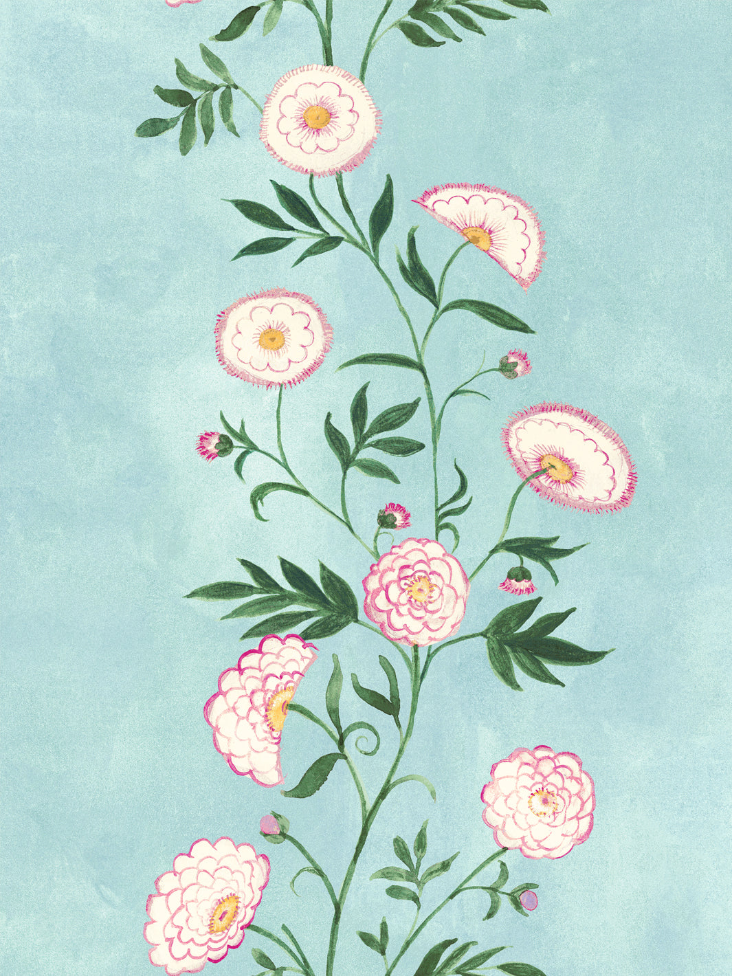 Floral vine wallpaper detail with pink peonies and green leaves on light blue