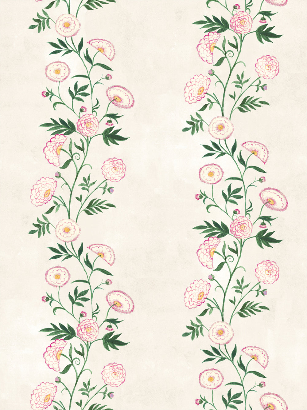 Floral stripe wallpaper with ivory background and pink, orange, and green blossoms