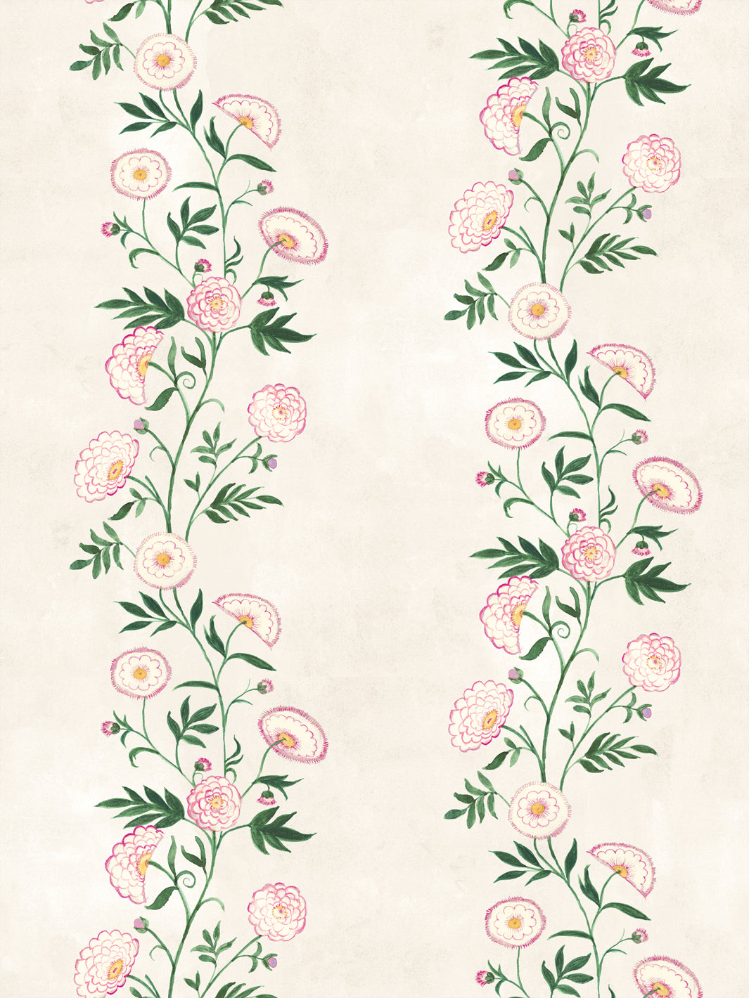 Floral stripe wallpaper with ivory background and pink, orange, and green blossoms
