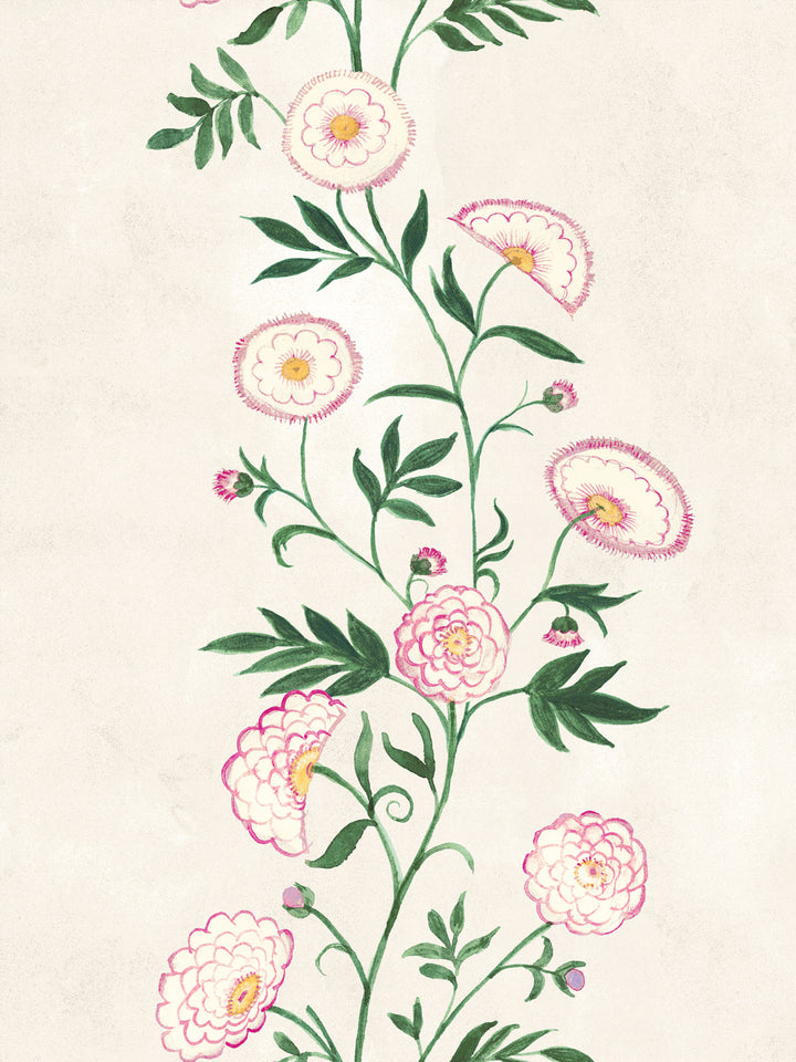 Floral vine wallpaper detail on ivory with pink and peach flowers and green leaves