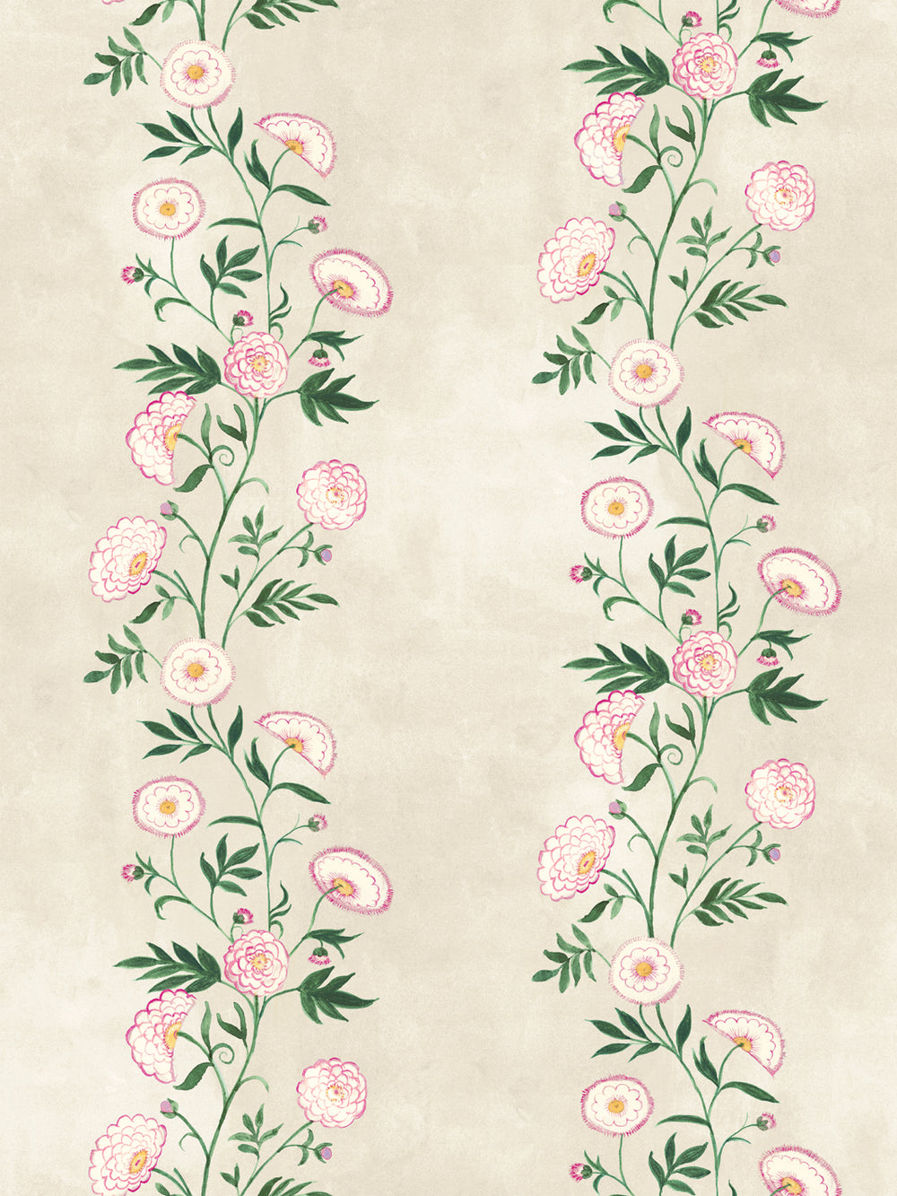 Floral stripe wallpaper with pink, peach, and green flowers on parchment background