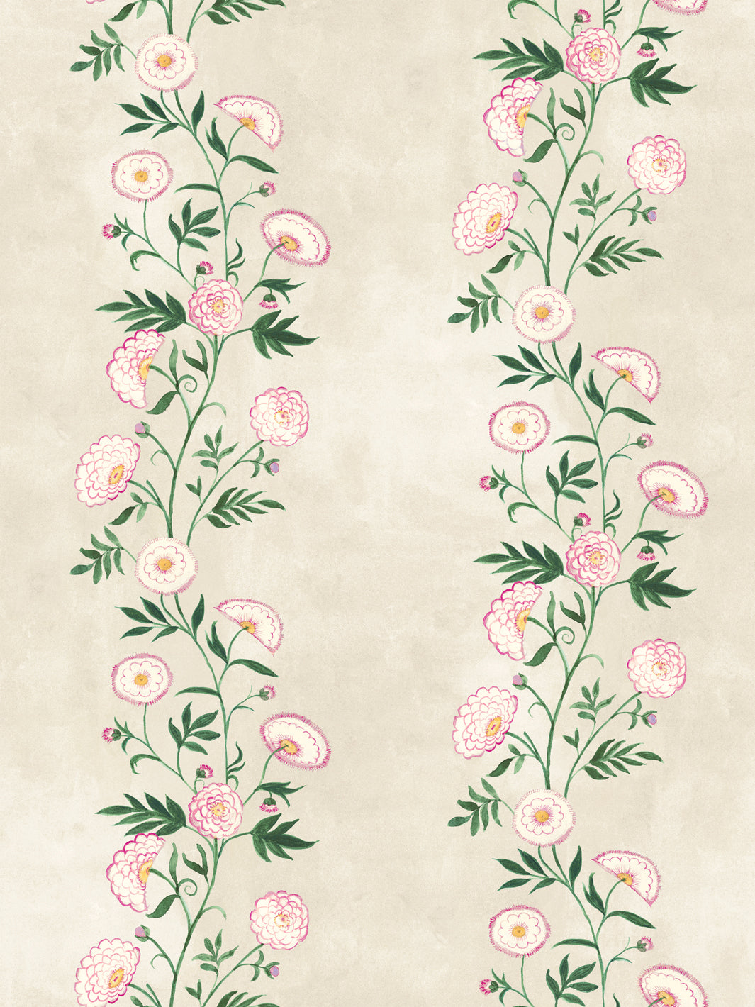 Floral stripe wallpaper with pink, peach, and green flowers on parchment background