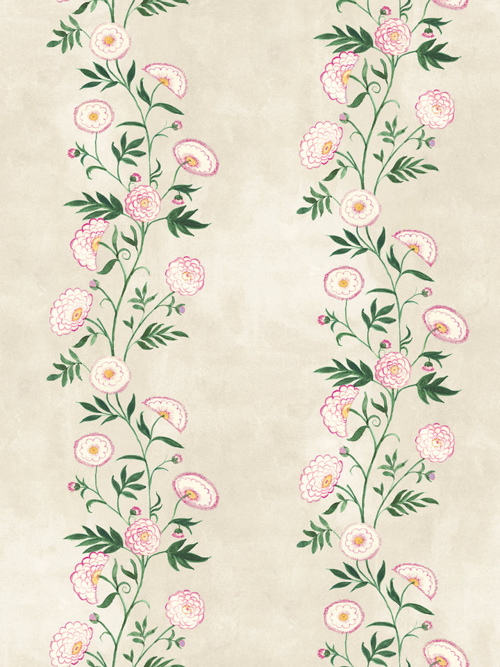 Floral stripe wallpaper with pink, peach, and green flowers on parchment background