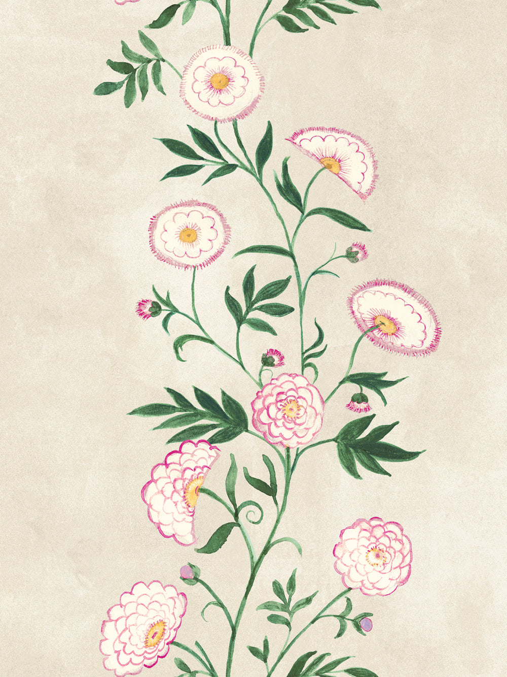 Floral vine stripe wallpaper with pink blossoms and green leaves on parchment
