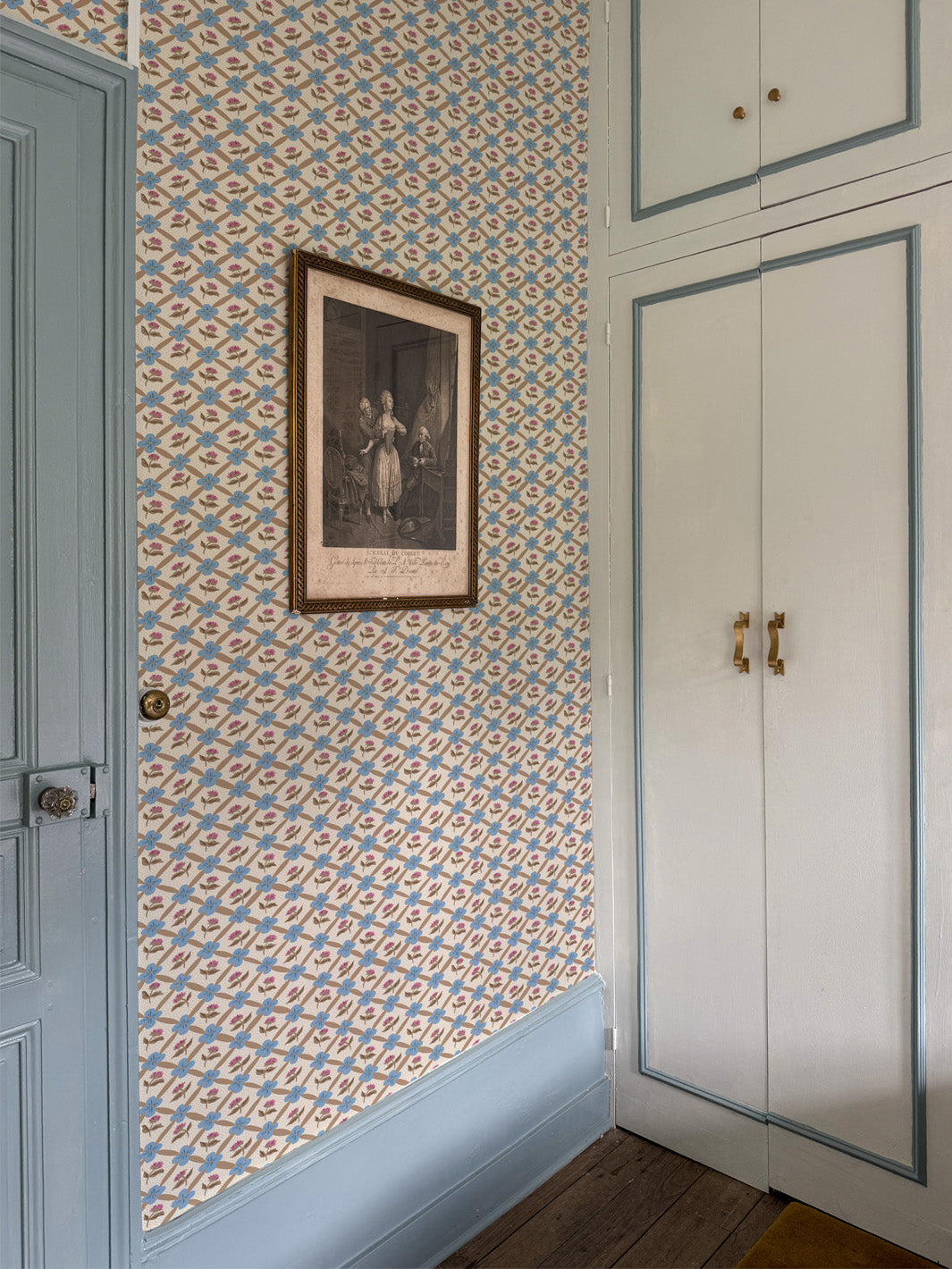 'Lattice Fleur' Wallpaper by Clare V. - Clay Blue