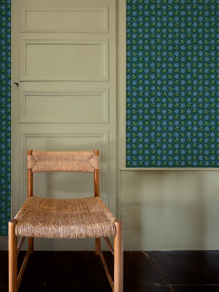 'Lattice Fleur' Wallpaper by Clare V. - Deep Forest Blue
