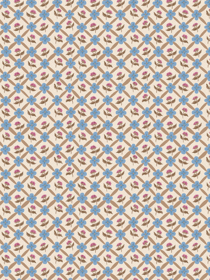 'Lattice Fleur' Wallpaper by Clare V. - Clay Blue