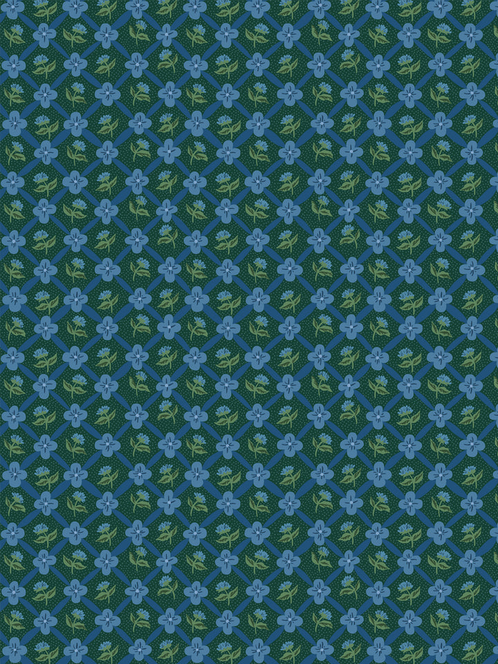 'Lattice Fleur' Wallpaper by Clare V. - Deep Forest Blue
