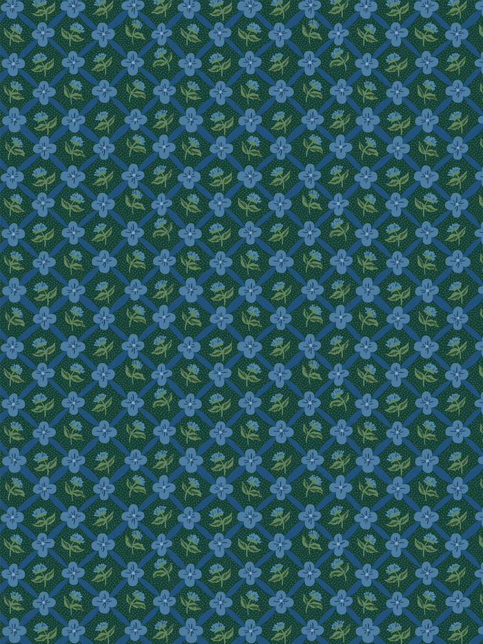 'Lattice Fleur' Wallpaper by Clare V. - Deep Forest Blue