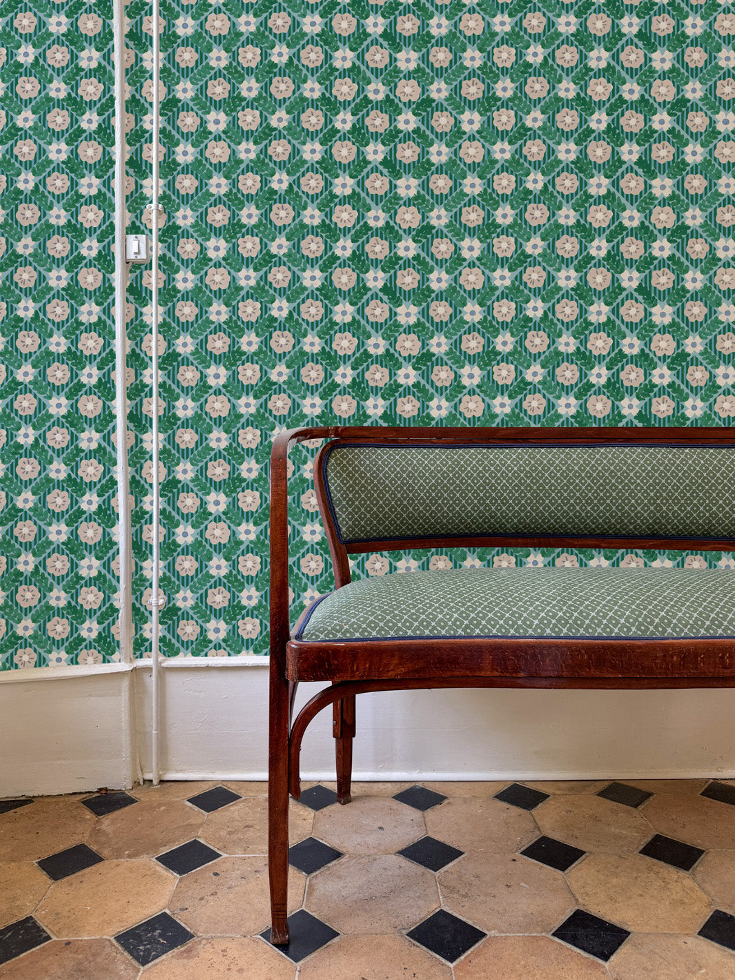 'Lattice Jardin' Wallpaper by Clare V. - Azure Fern