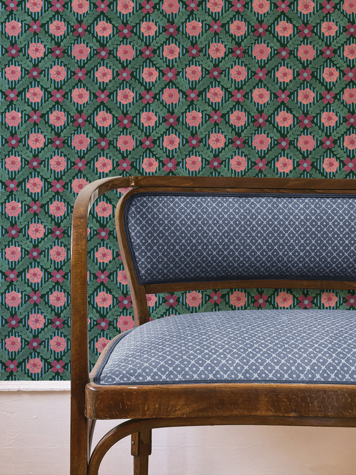 'Lattice Jardin' Wallpaper by Clare V. - Deep Forest Red