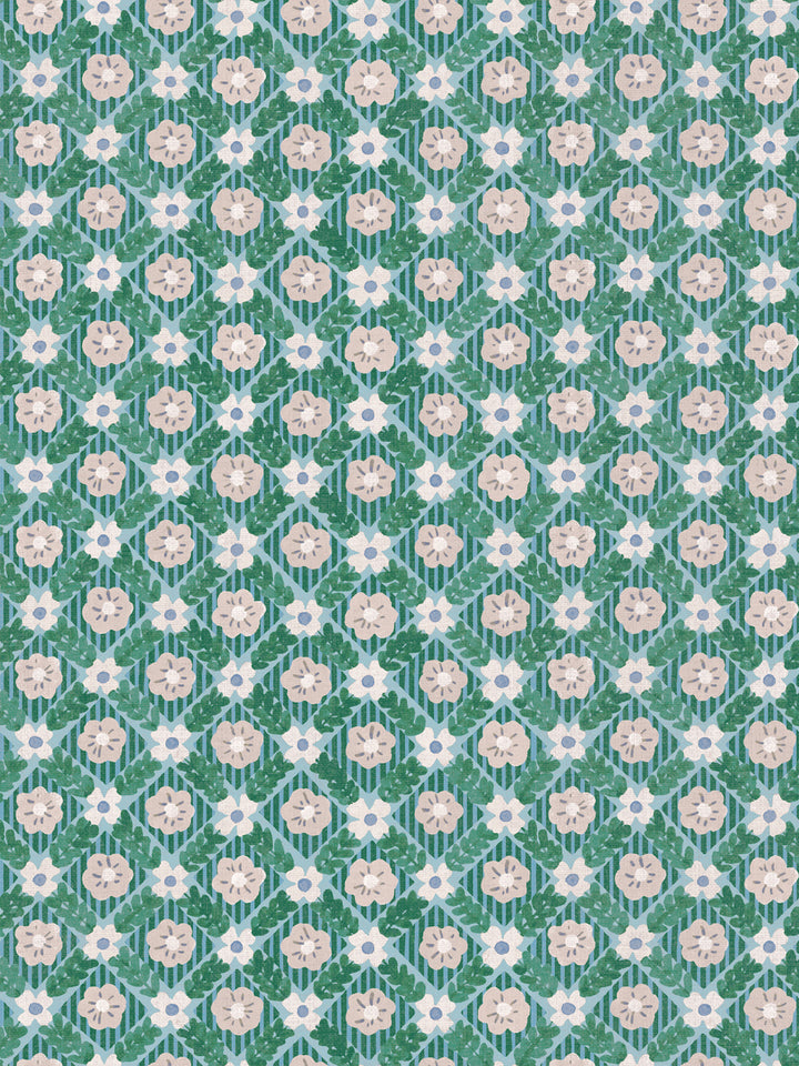 'Lattice Jardin' Linen Fabric by Clare V. - Azure Fern