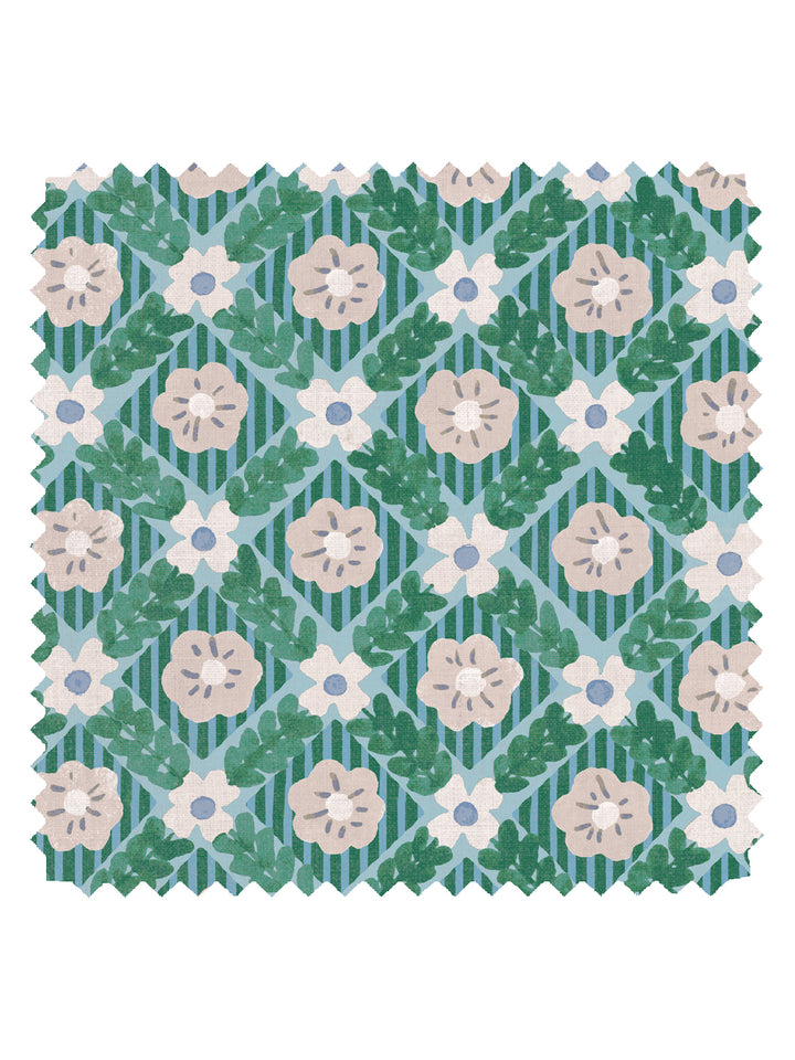 'Lattice Jardin' Linen Fabric by Clare V. - Azure Fern