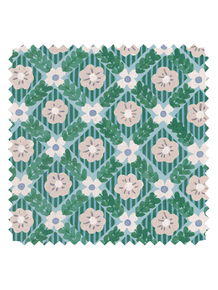 'Lattice Jardin' Linen Fabric by Clare V. - Azure Fern