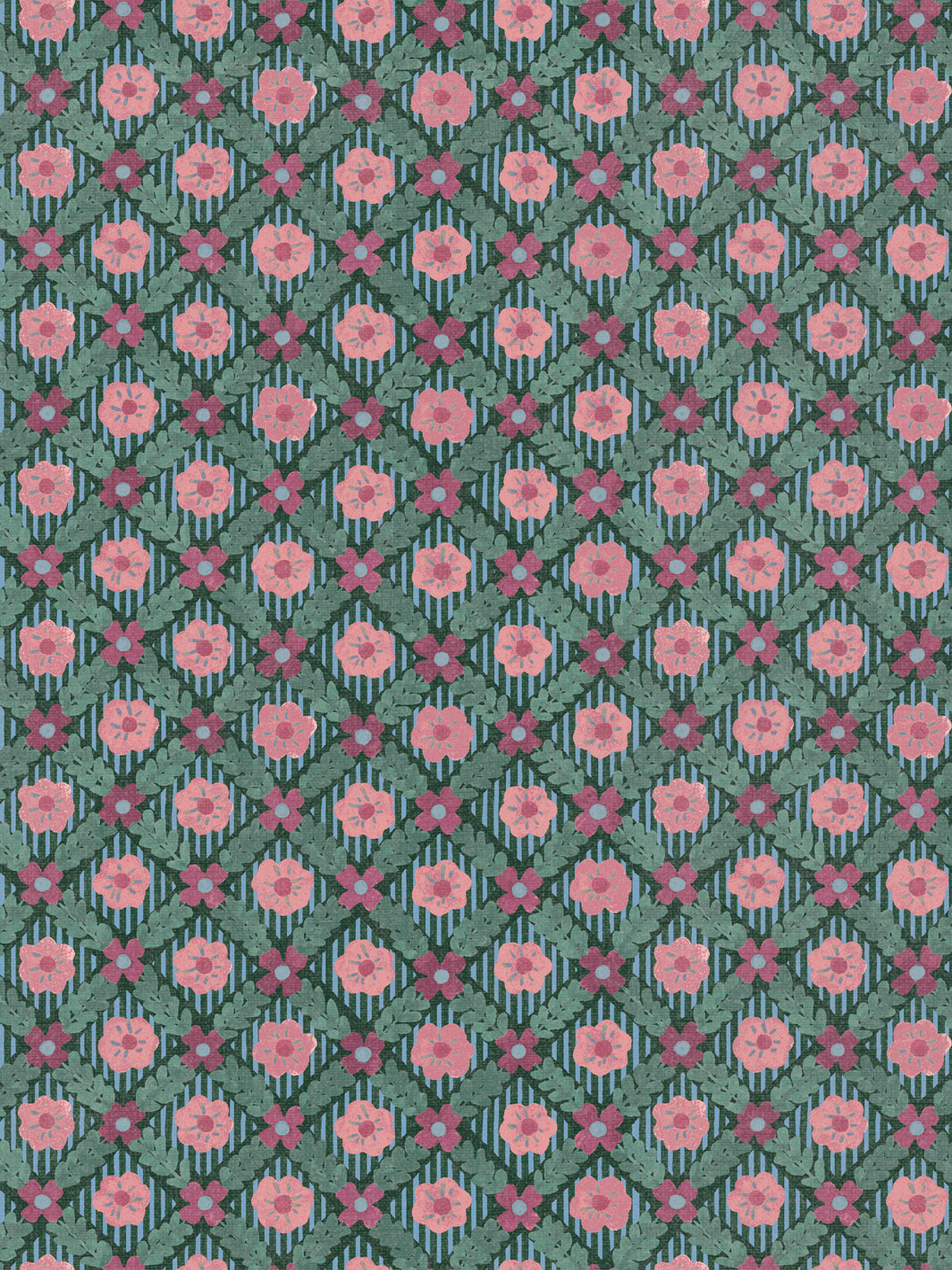 'Lattice Jardin' Linen Fabric by Clare V. - Deep Forest Red