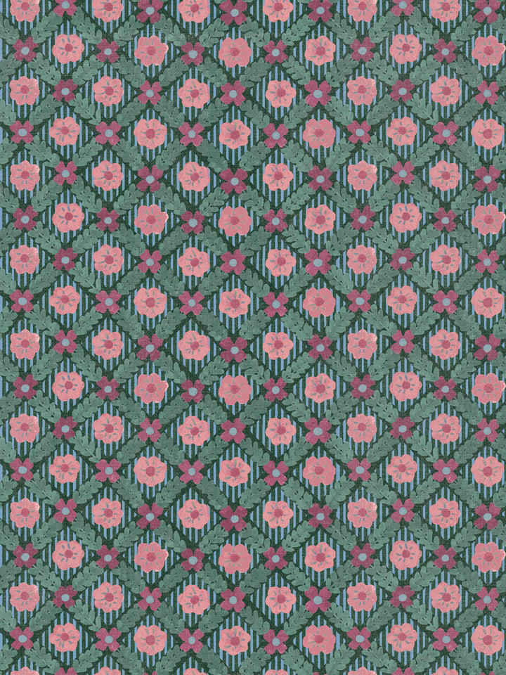 'Lattice Jardin' Linen Fabric by Clare V. - Deep Forest Red