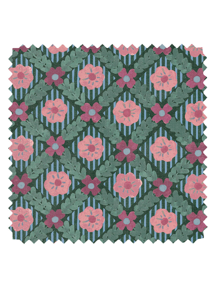 'Lattice Jardin' Linen Fabric by Clare V. - Deep Forest Red