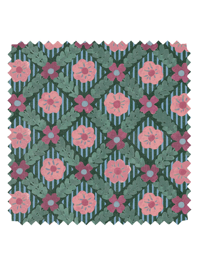 'Lattice Jardin' Linen Fabric by Clare V. - Deep Forest Red