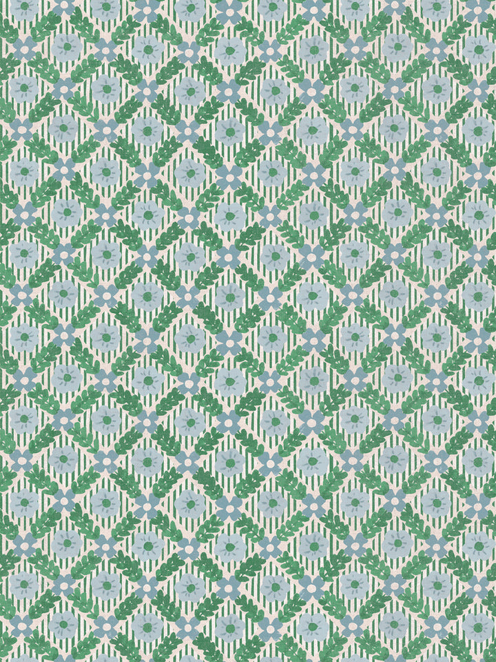'Lattice Jardin' Linen Fabric by Clare V. - Evergreen Sky