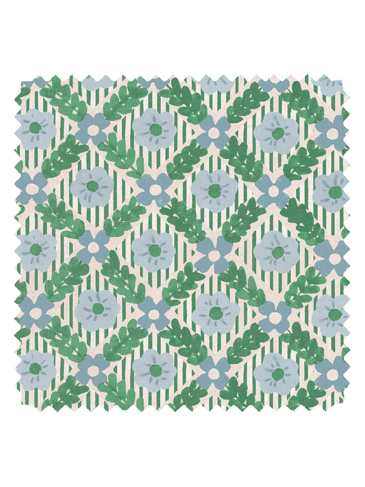 'Lattice Jardin' Linen Fabric by Clare V. - Evergreen Sky