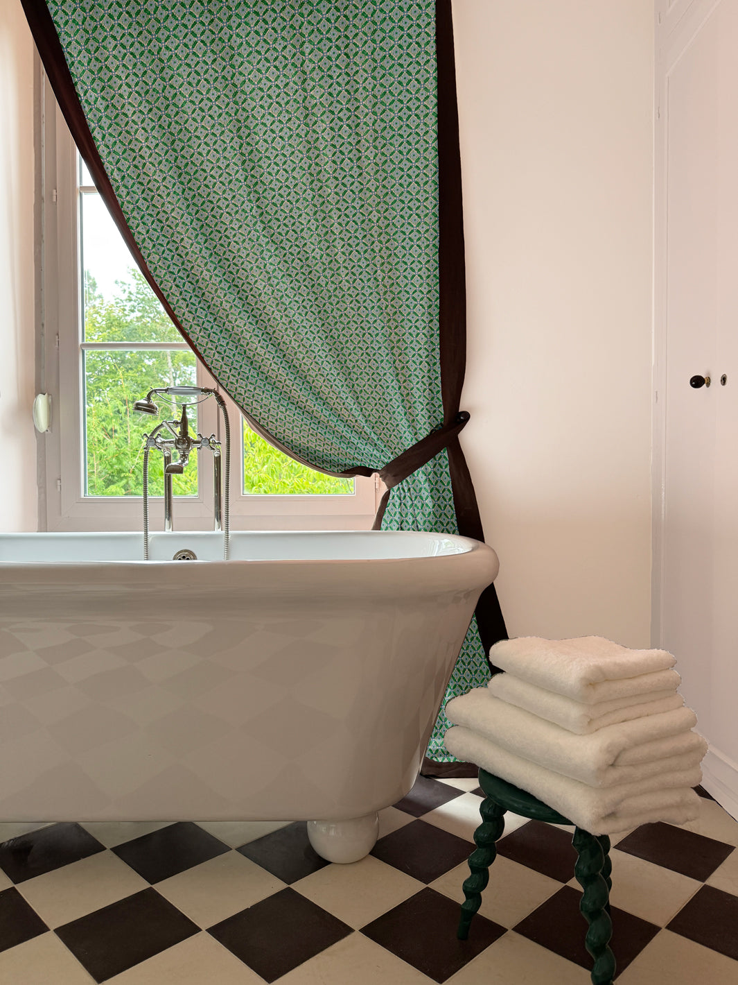 'Lattice Jardin' Linen Fabric by Clare V. - Evergreen Sky