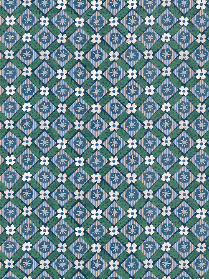 'Lattice Jardin' Linen Fabric by Clare V. - Navy Pine
