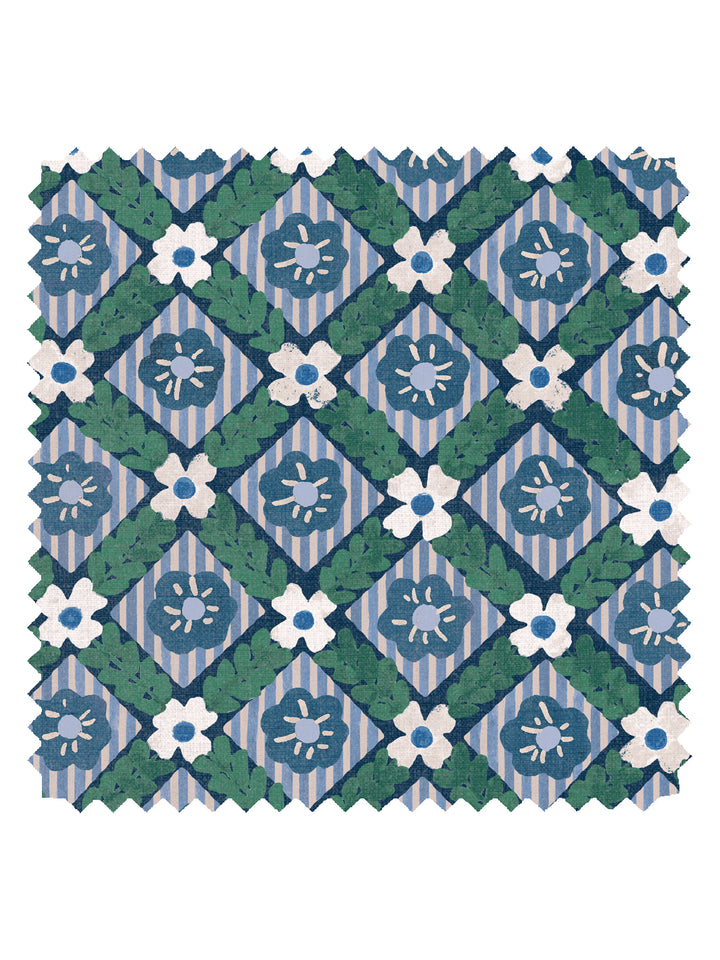 'Lattice Jardin' Linen Fabric by Clare V. - Navy Pine