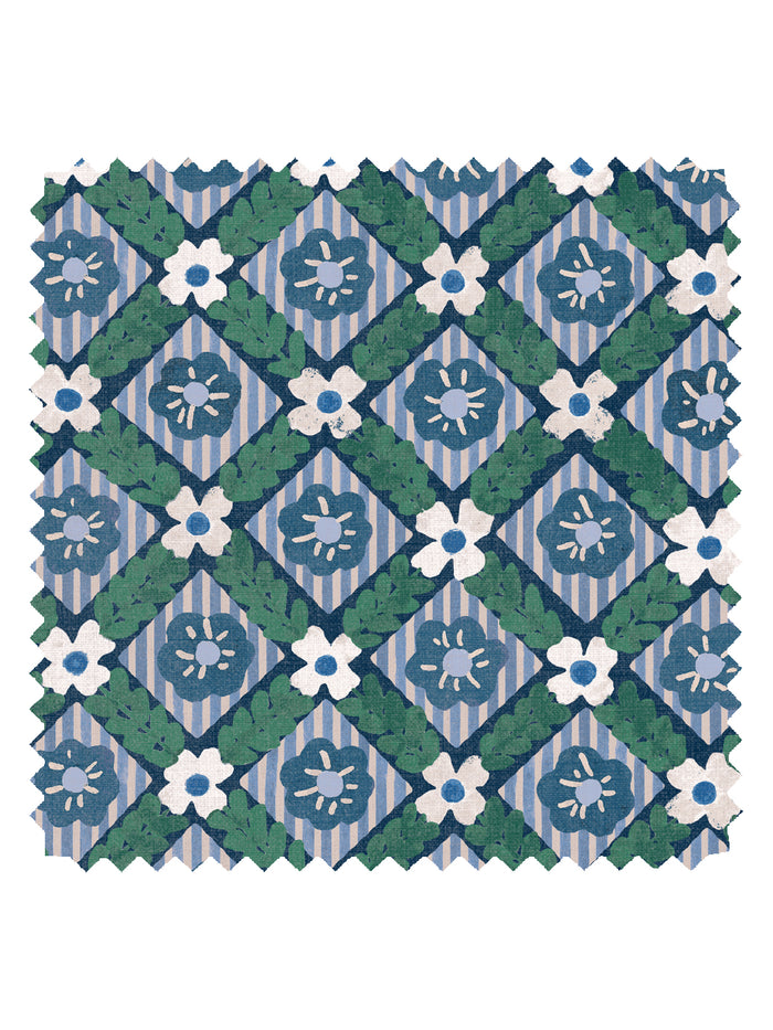 'Lattice Jardin' Linen Fabric by Clare V. - Navy Pine