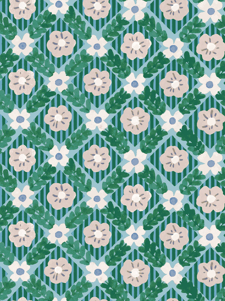 'Lattice Jardin' Wallpaper by Clare V. - Azure Fern