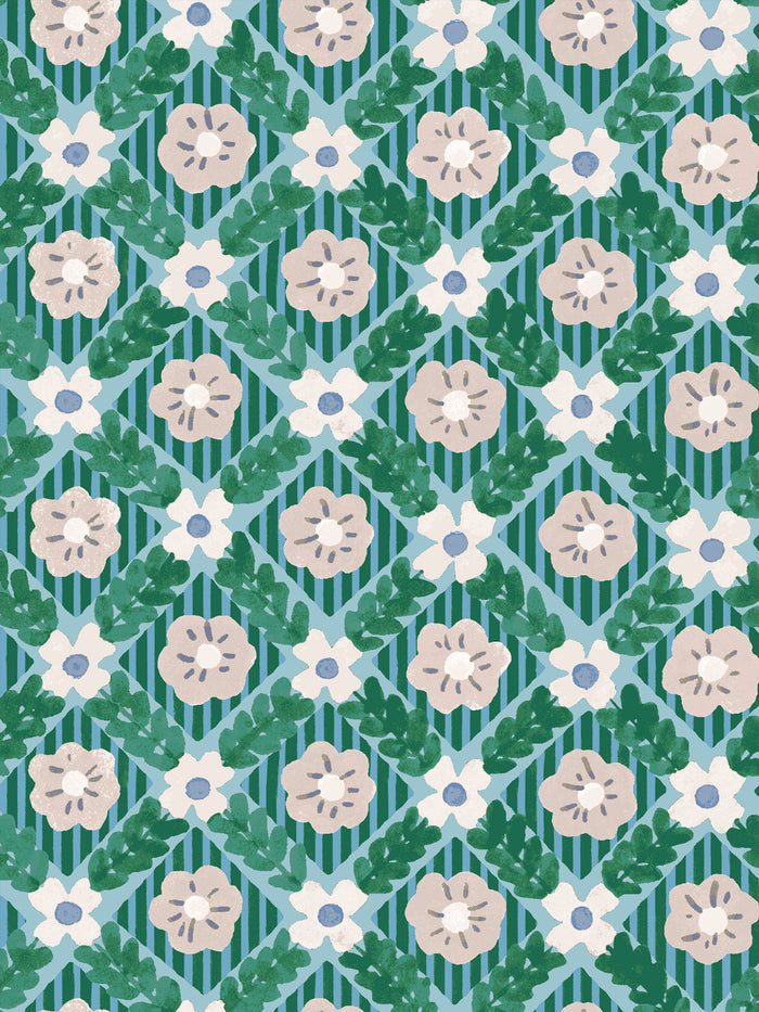 'Lattice Jardin' Wallpaper by Clare V. - Azure Fern