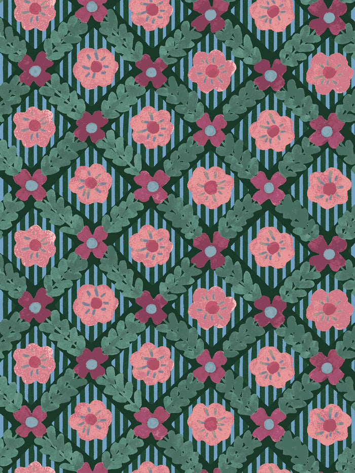 'Lattice Jardin' Wallpaper by Clare V. - Deep Forest Red