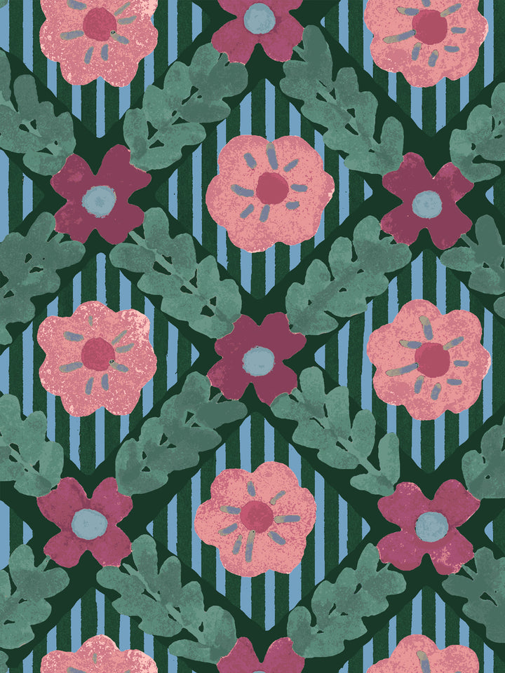 'Lattice Jardin' Wallpaper by Clare V. - Deep Forest Red