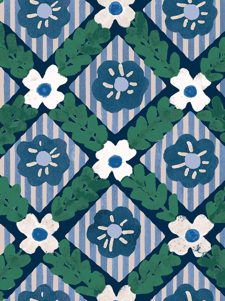 'Lattice Jardin' Wallpaper by Clare V. - Navy Pine