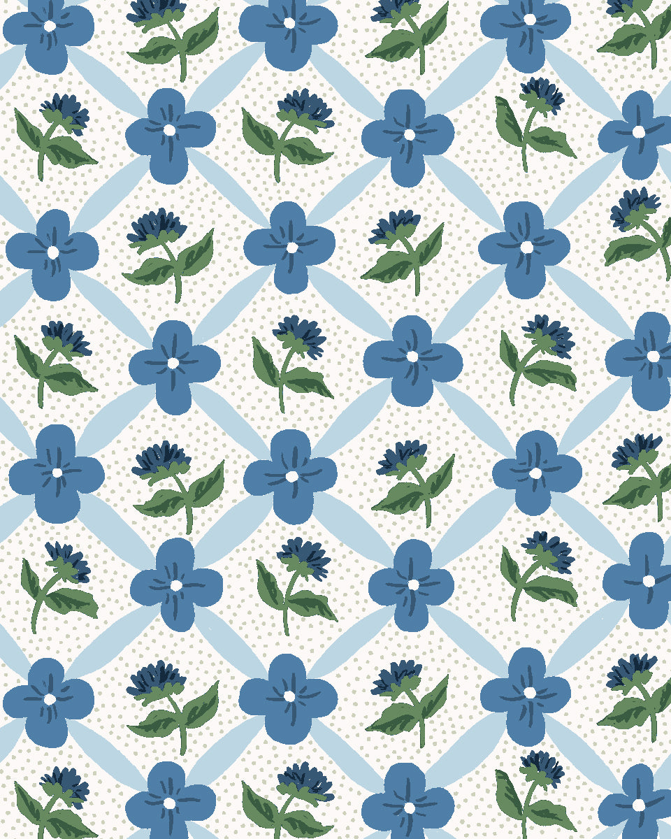 'Lattice Fleur' Wallpaper by Clare V. - Blue Green