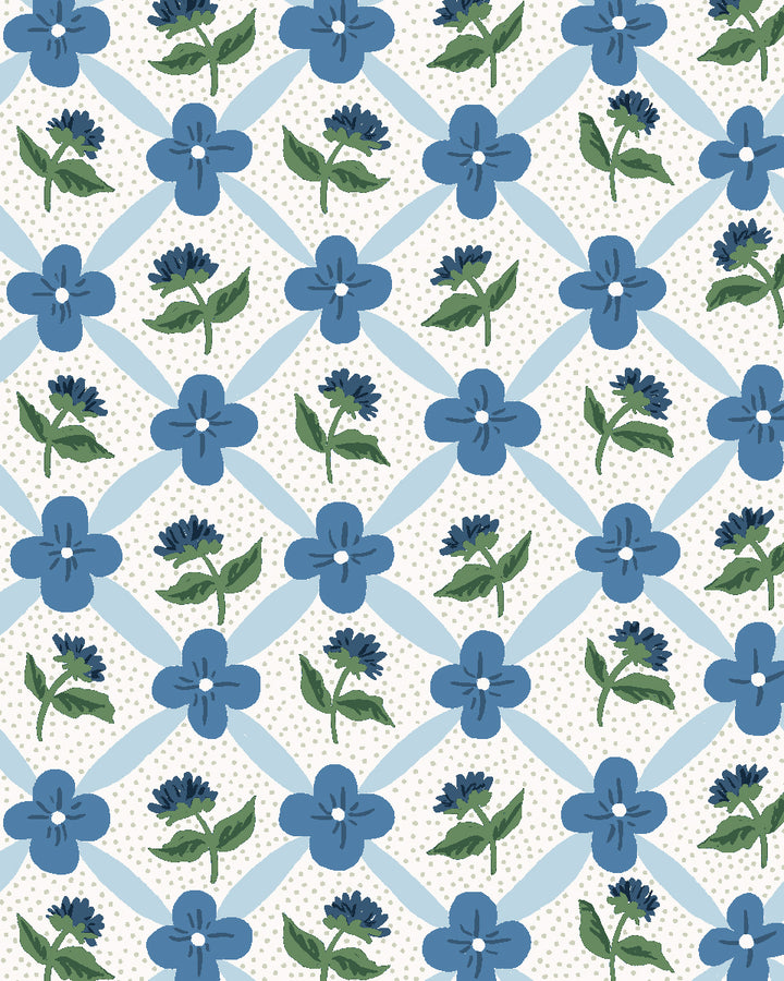 'Lattice Fleur' Wallpaper by Clare V. - Blue Green