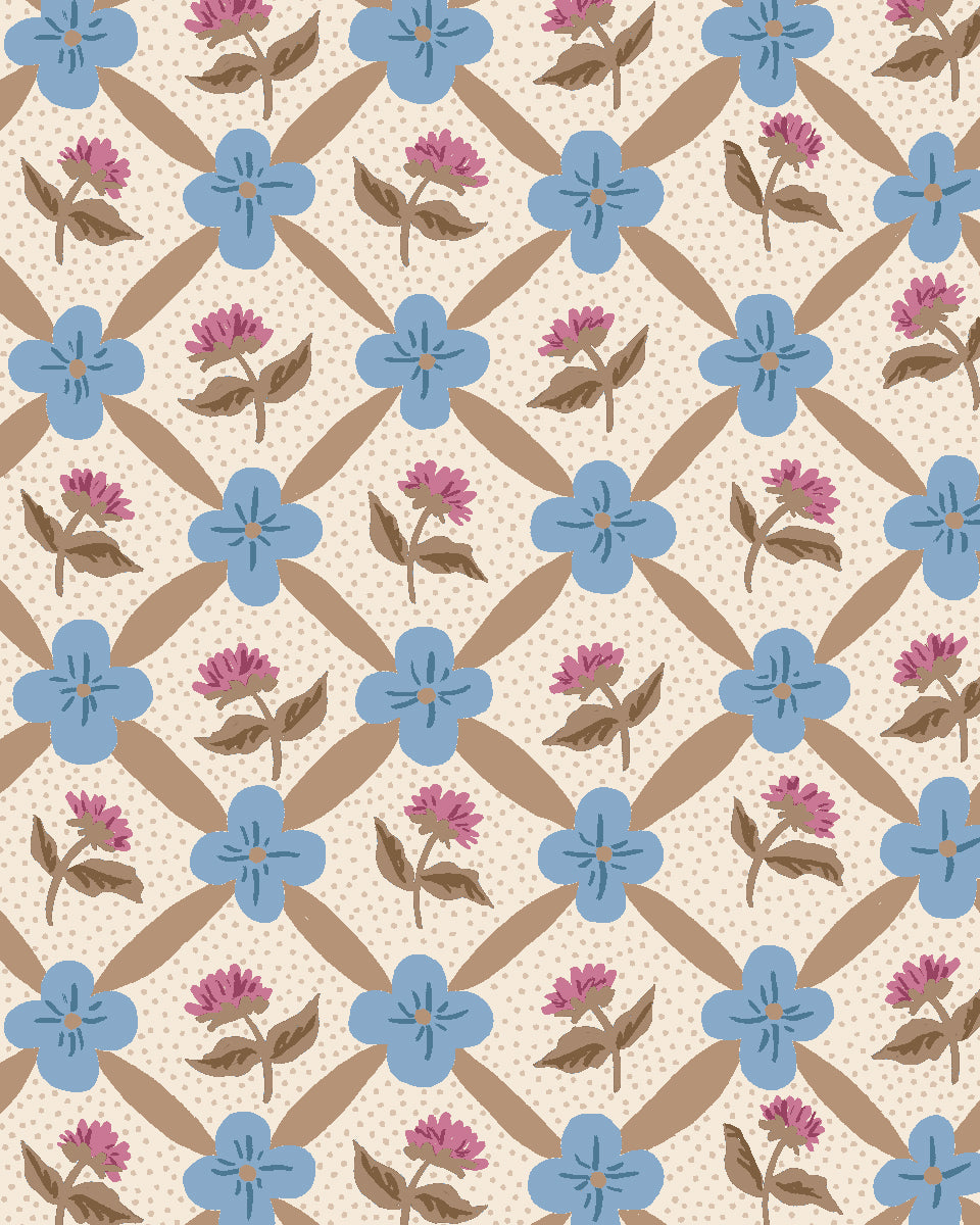 'Lattice Fleur' Wallpaper by Clare V. - Clay Blue