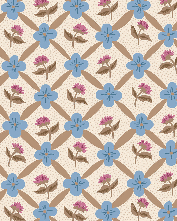 'Lattice Fleur' Wallpaper by Clare V. - Clay Blue