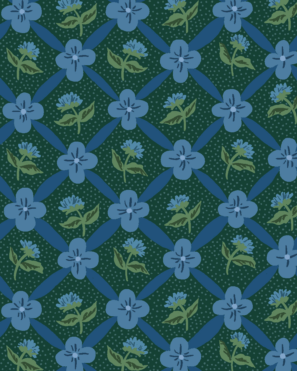 'Lattice Fleur' Wallpaper by Clare V. - Deep Forest Blue