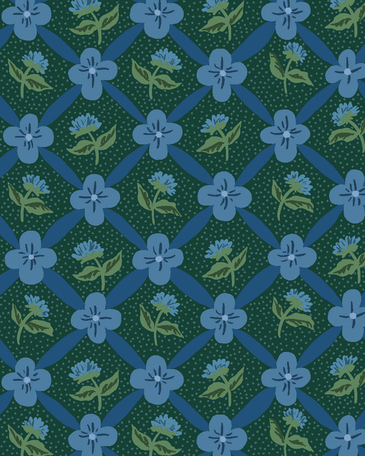 'Lattice Fleur' Wallpaper by Clare V. - Deep Forest Blue