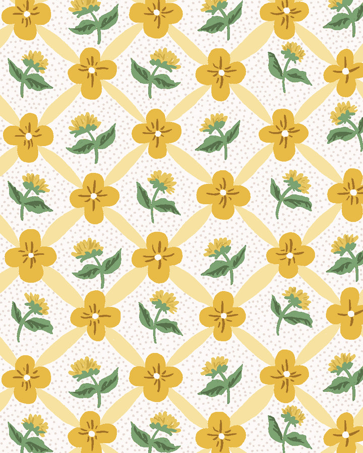 'Lattice Fleur' Wallpaper by Clare V. - Yellow Green