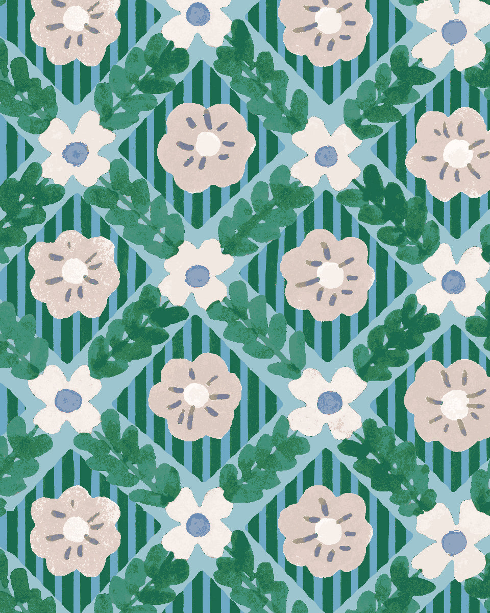 'Lattice Jardin' Wallpaper by Clare V. - Azure Fern