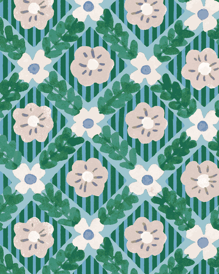 'Lattice Jardin' Wallpaper by Clare V. - Azure Fern