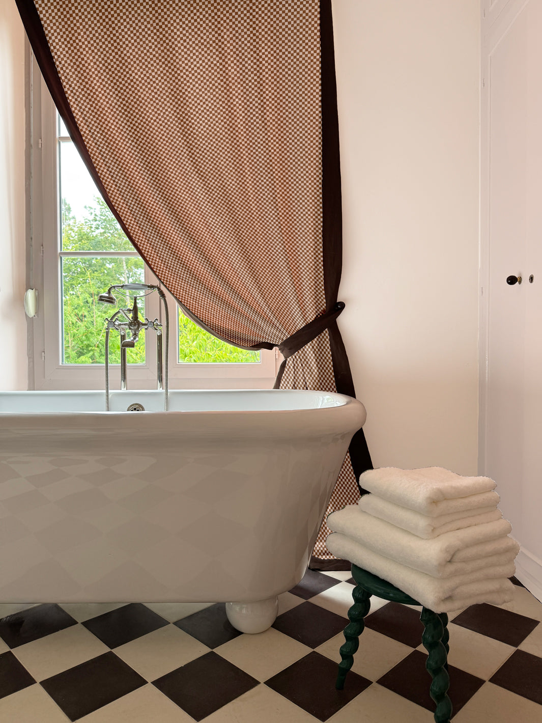 'Le Check' Linen Fabric by Clare V. - Clay Cream