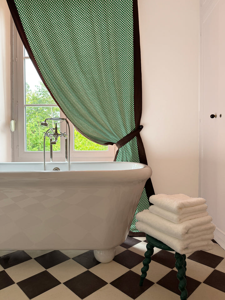 'Le Check' Linen Fabric by Clare V. - Evergreen Cream