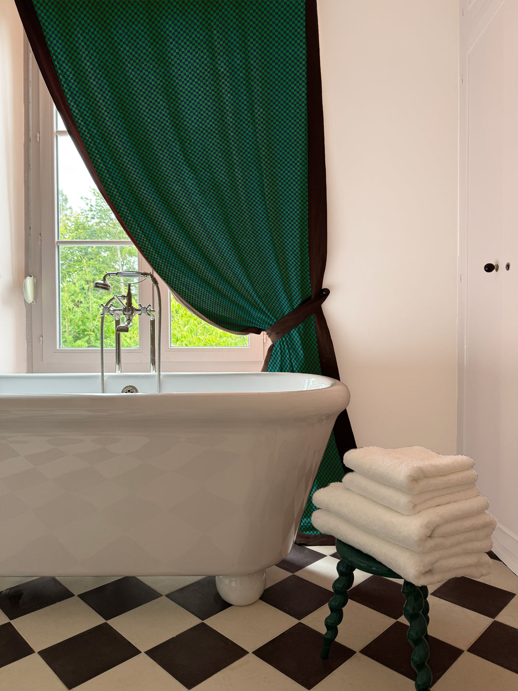 'Le Check' Linen Fabric by Clare V. - Navy Green