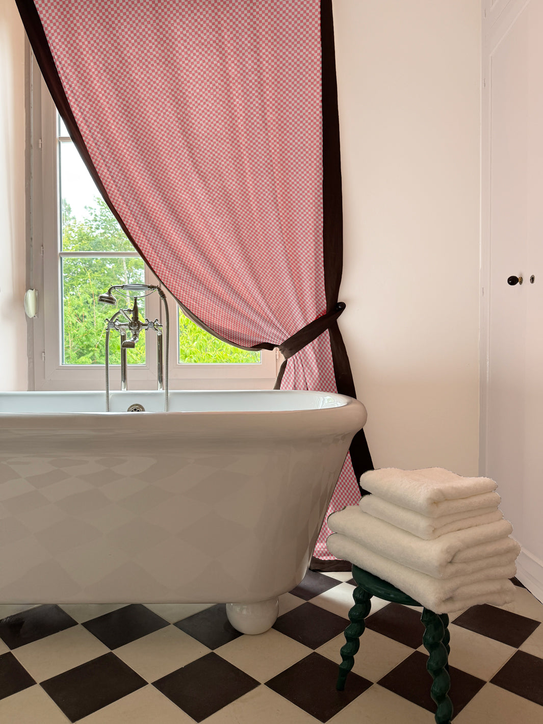 'Le Check' Linen Fabric by Clare V. - Pink Cream